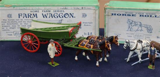 A collection of pre-war Britains Home Farm series models including a boxed farm wagon, boxed timber carriage, boxed tumbrel horse